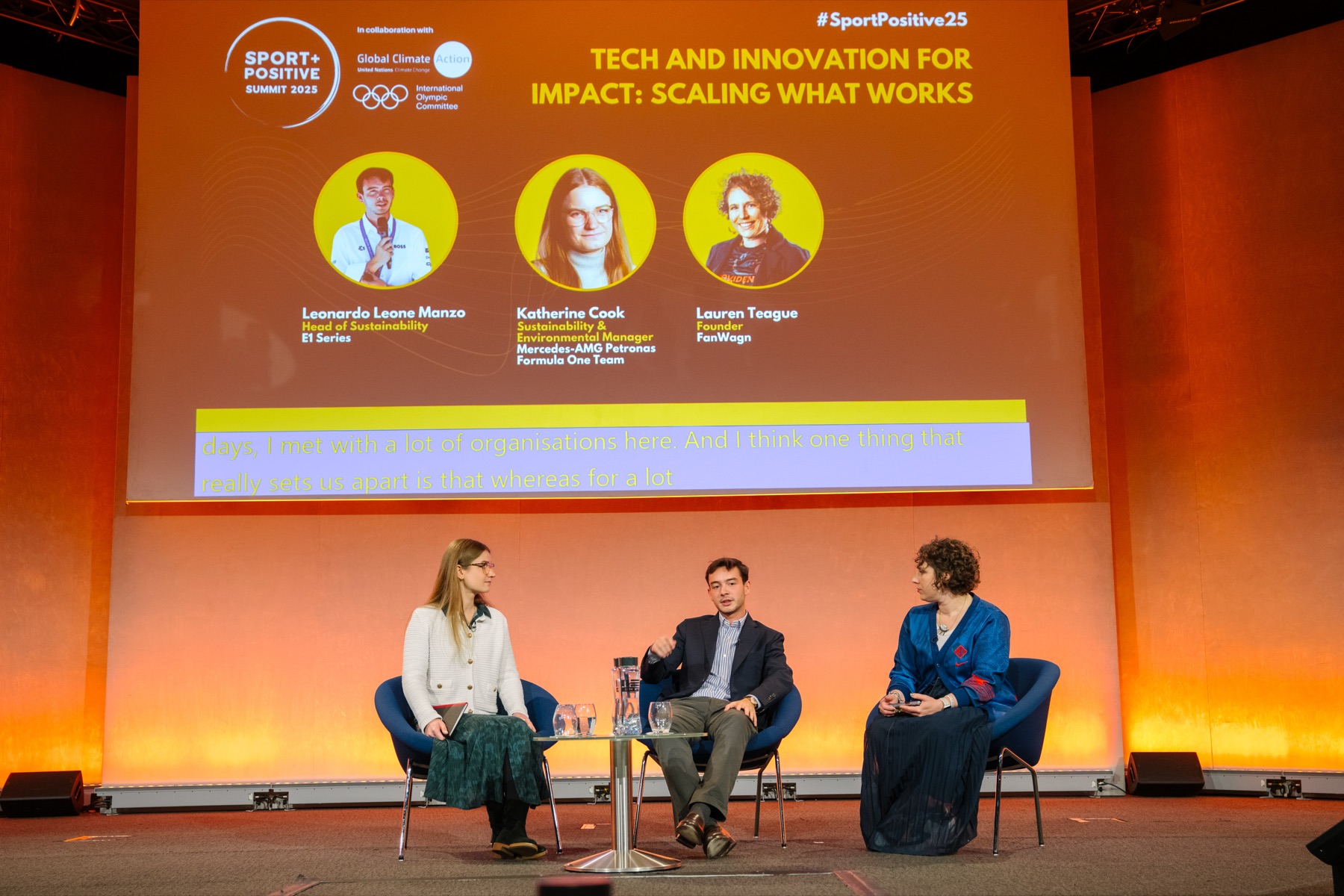 Lauren Teague on a panel at the Sport Positive Summit, identified on screen as Founder, FanWagn